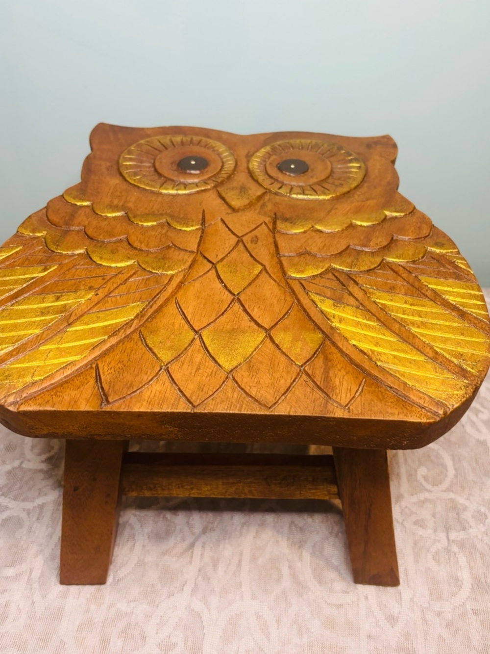 Carved Wooden Owl Footstool in Warm Brown and Gold